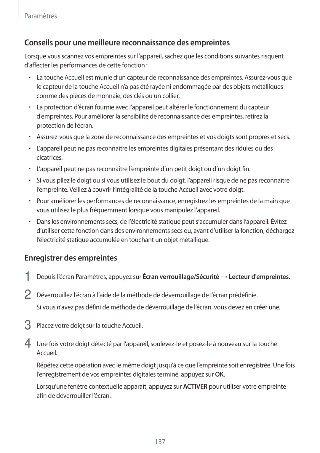 Samsung SM-A320FZDNXEF manual Conseils pour une meilleure reconnaissance des empreintes, Enregistrer des empreintes 