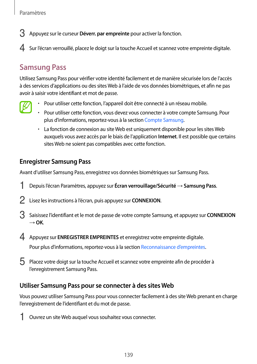 Samsung SM-A320FZBNXEF manual Enregistrer Samsung Pass, Utiliser Samsung Pass pour se connecter à des sites Web, → Ok 