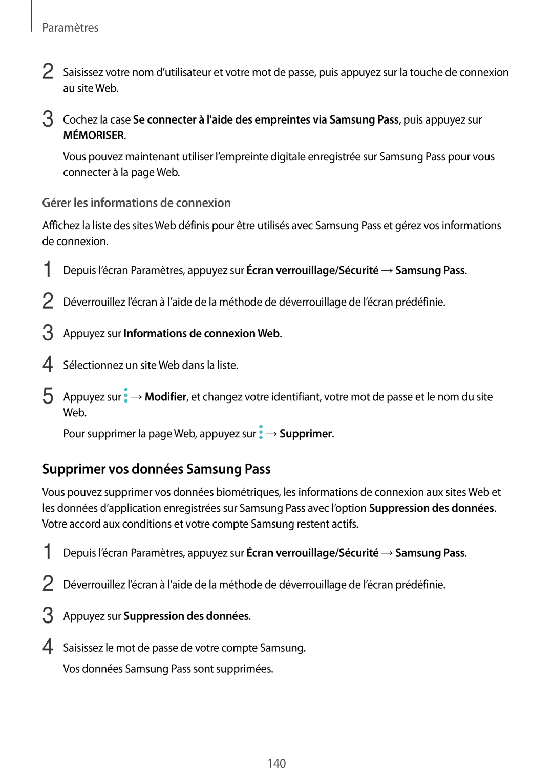 Samsung SM-A320FZKNXEF, SM-A320FZDNXEF manual Supprimer vos données Samsung Pass, Appuyez sur Informations de connexion Web 