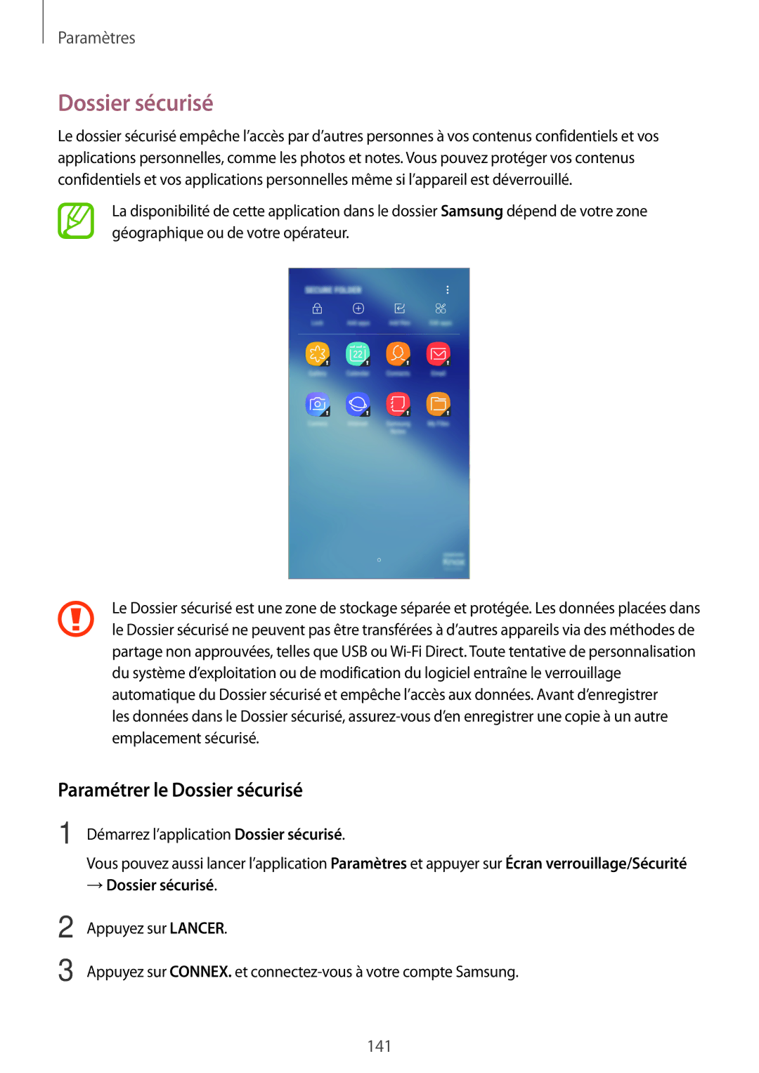 Samsung SM-A320FZDNXEF, SM-A320FZKNXEF, SM-A320FZINXEF, SM-A320FZBNXEF manual Paramétrer le Dossier sécurisé 