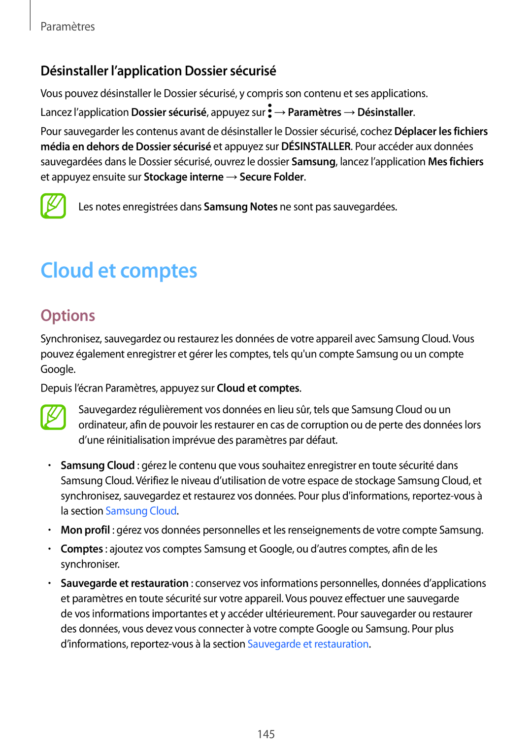 Samsung SM-A320FZDNXEF, SM-A320FZKNXEF, SM-A320FZINXEF manual Cloud et comptes, Désinstaller l’application Dossier sécurisé 