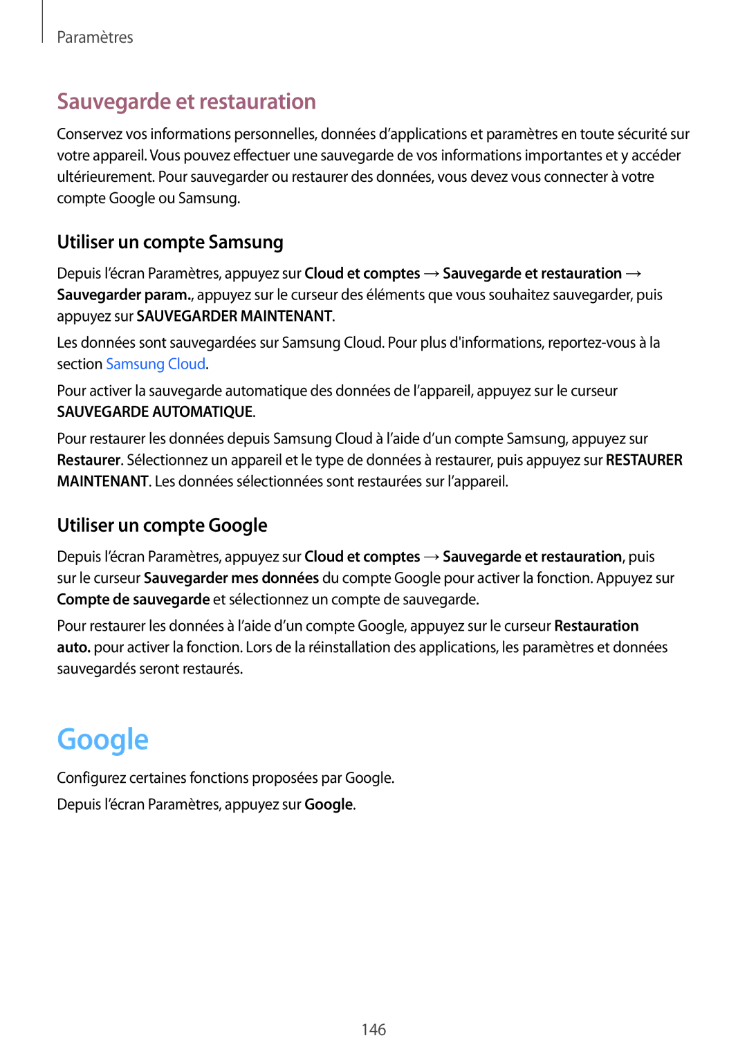 Samsung SM-A320FZINXEF manual Sauvegarde et restauration, Utiliser un compte Samsung, Utiliser un compte Google 