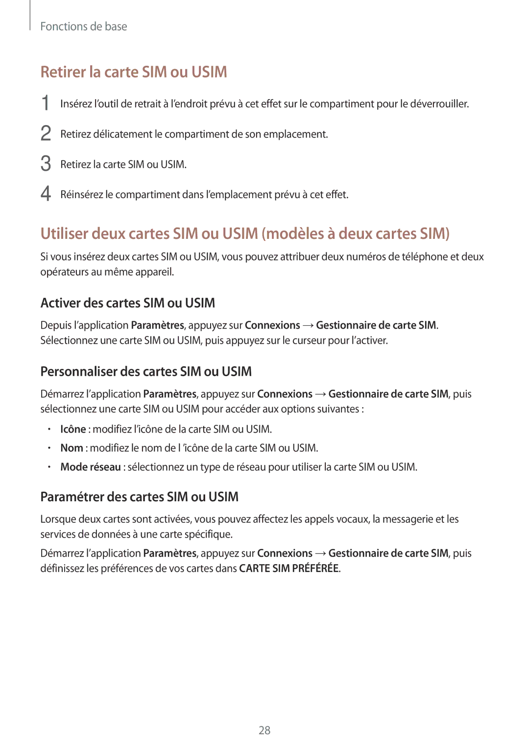 Samsung SM-A320FZKNXEF manual Retirer la carte SIM ou Usim, Utiliser deux cartes SIM ou Usim modèles à deux cartes SIM 