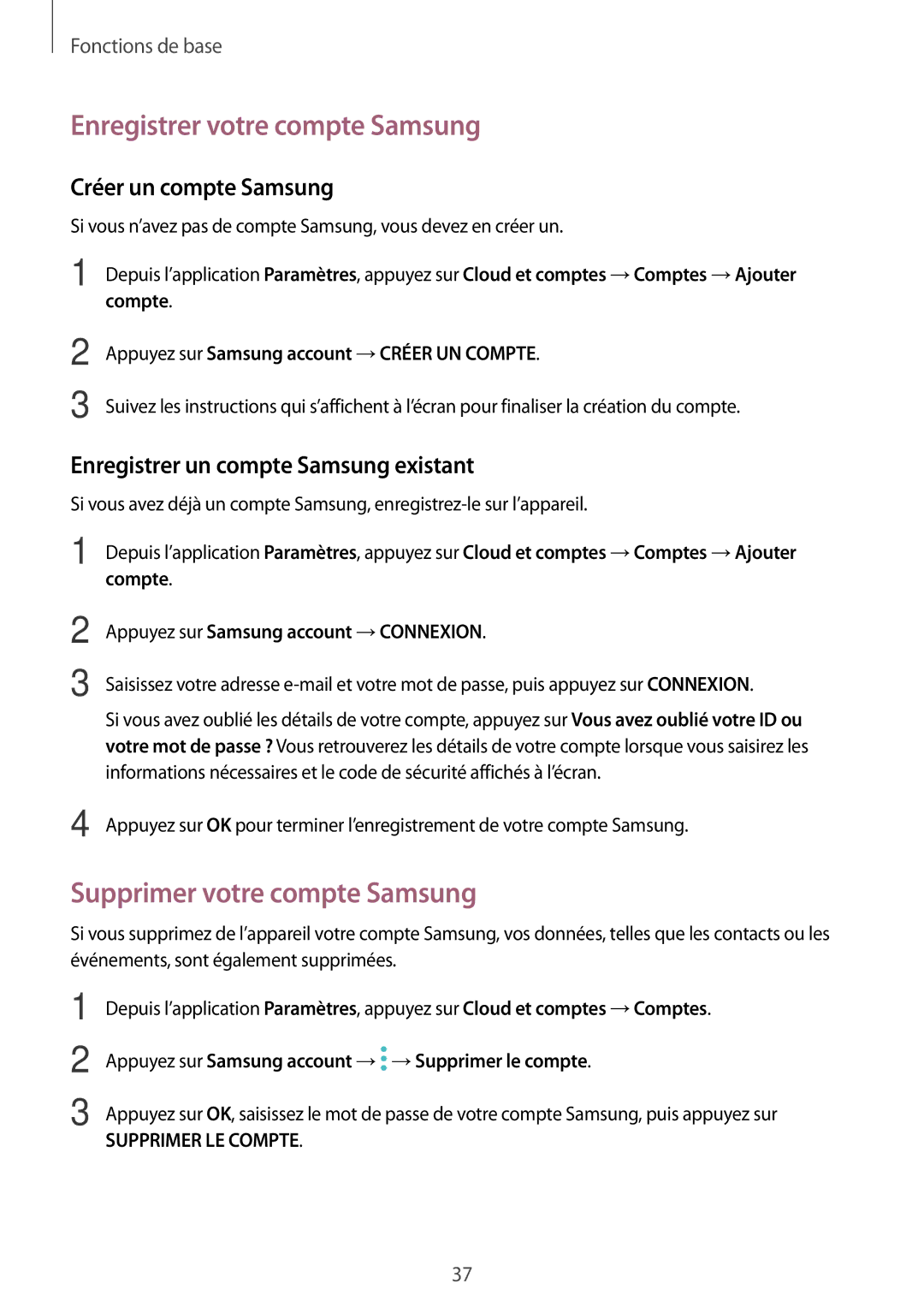 Samsung SM-A320FZDNXEF manual Enregistrer votre compte Samsung, Supprimer votre compte Samsung, Créer un compte Samsung 