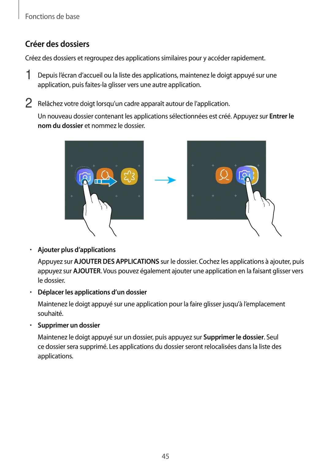 Samsung SM-A320FZDNXEF manual Créer des dossiers, Ajouter plus d’applications, Déplacer les applications d’un dossier 