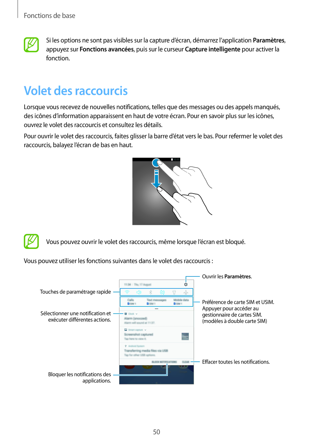 Samsung SM-A320FZINXEF, SM-A320FZKNXEF, SM-A320FZDNXEF, SM-A320FZBNXEF Volet des raccourcis, Touches de paramétrage rapide 