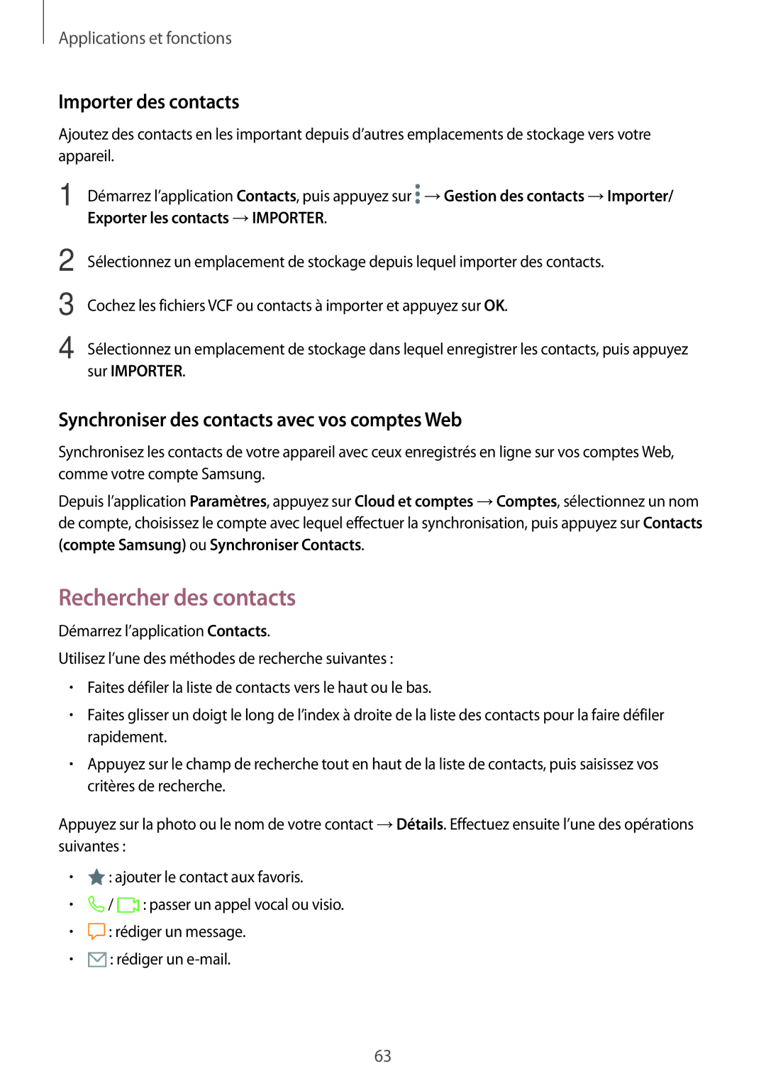 Samsung SM-A320FZBNXEF Rechercher des contacts, Importer des contacts, Synchroniser des contacts avec vos comptes Web 