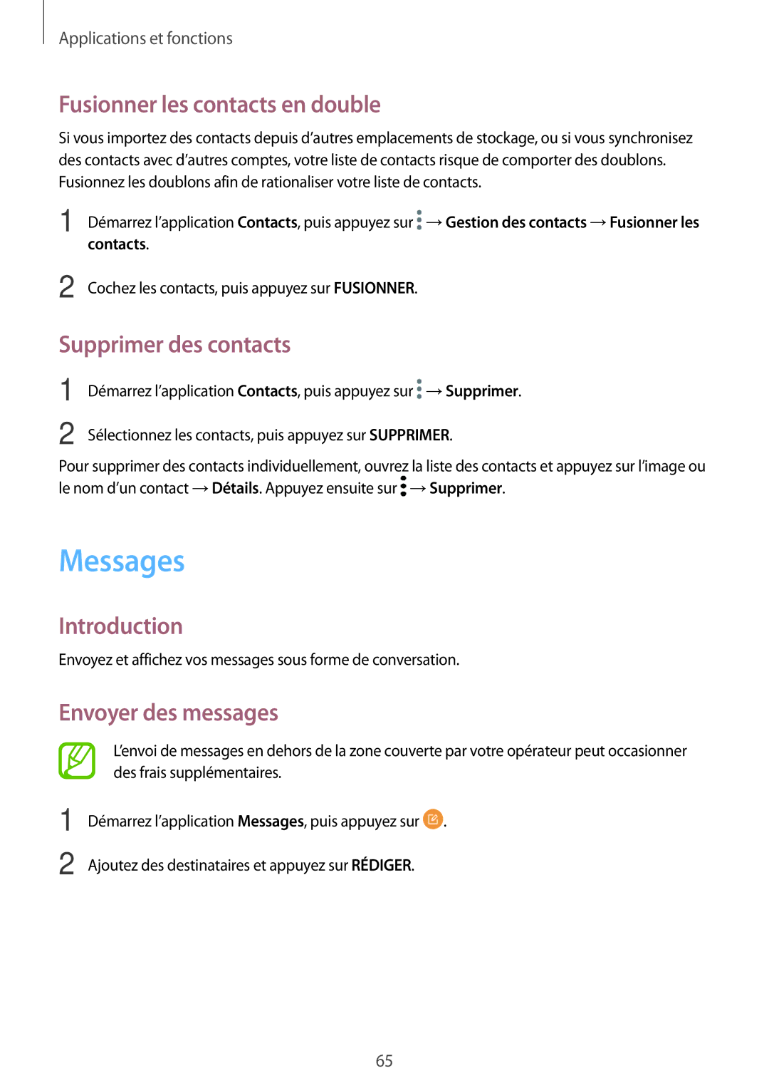 Samsung SM-A320FZDNXEF manual Messages, Fusionner les contacts en double, Supprimer des contacts, Envoyer des messages 