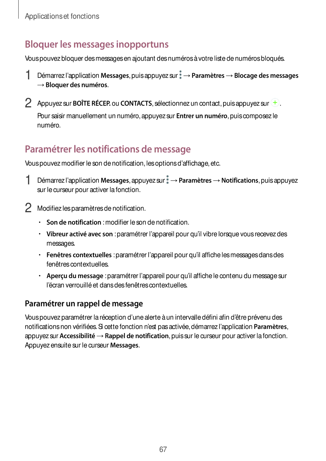 Samsung SM-A320FZBNXEF Bloquer les messages inopportuns, Paramétrer les notifications de message, → Bloquer des numéros 