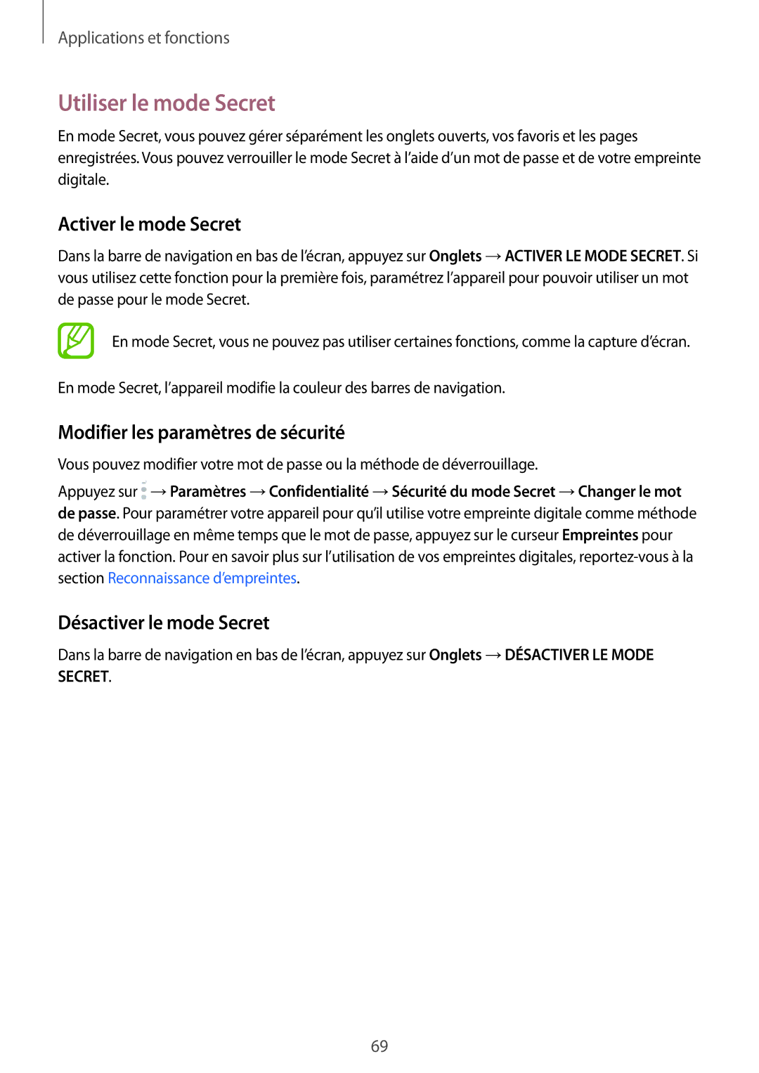 Samsung SM-A320FZDNXEF manual Utiliser le mode Secret, Activer le mode Secret, Modifier les paramètres de sécurité 