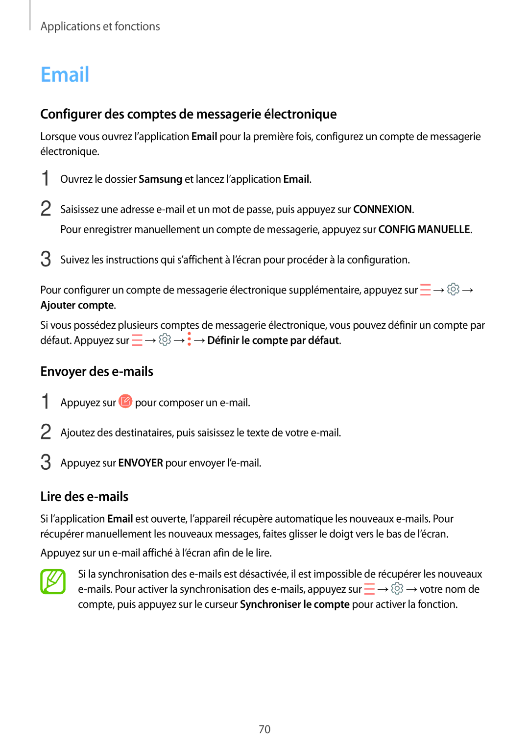 Samsung SM-A320FZINXEF manual Configurer des comptes de messagerie électronique, Envoyer des e-mails, Lire des e-mails 