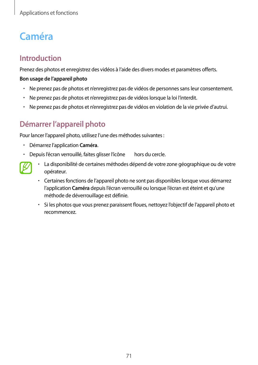 Samsung SM-A320FZBNXEF, SM-A320FZKNXEF, SM-A320FZDNXEF Caméra, Démarrer l’appareil photo, Bon usage de l’appareil photo 