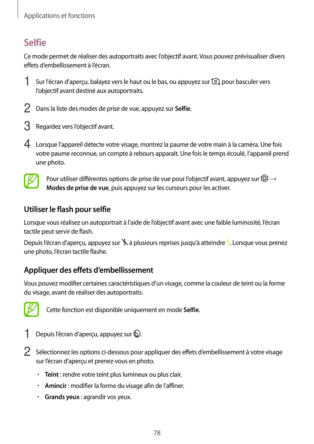 Samsung SM-A320FZINXEF, SM-A320FZKNXEF manual Selfie, Utiliser le flash pour selfie, Appliquer des effets d’embellissement 