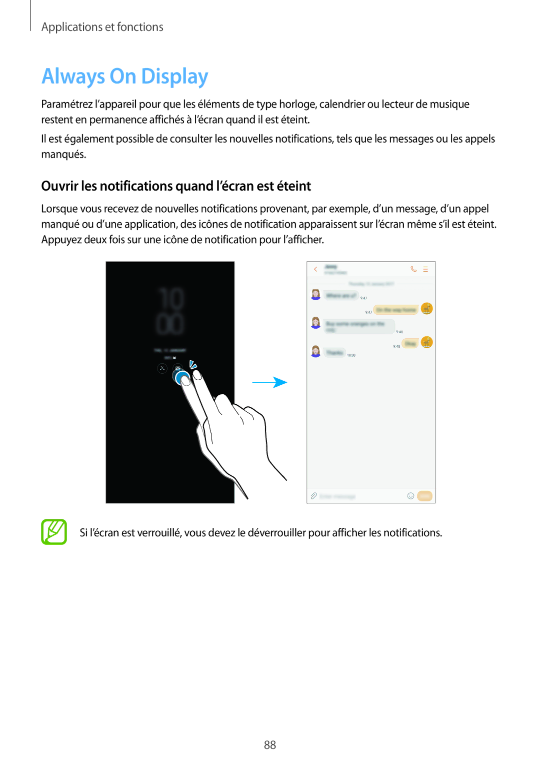 Samsung SM-A320FZKNXEF, SM-A320FZDNXEF, SM-A320FZINXEF Always On Display, Ouvrir les notifications quand l’écran est éteint 
