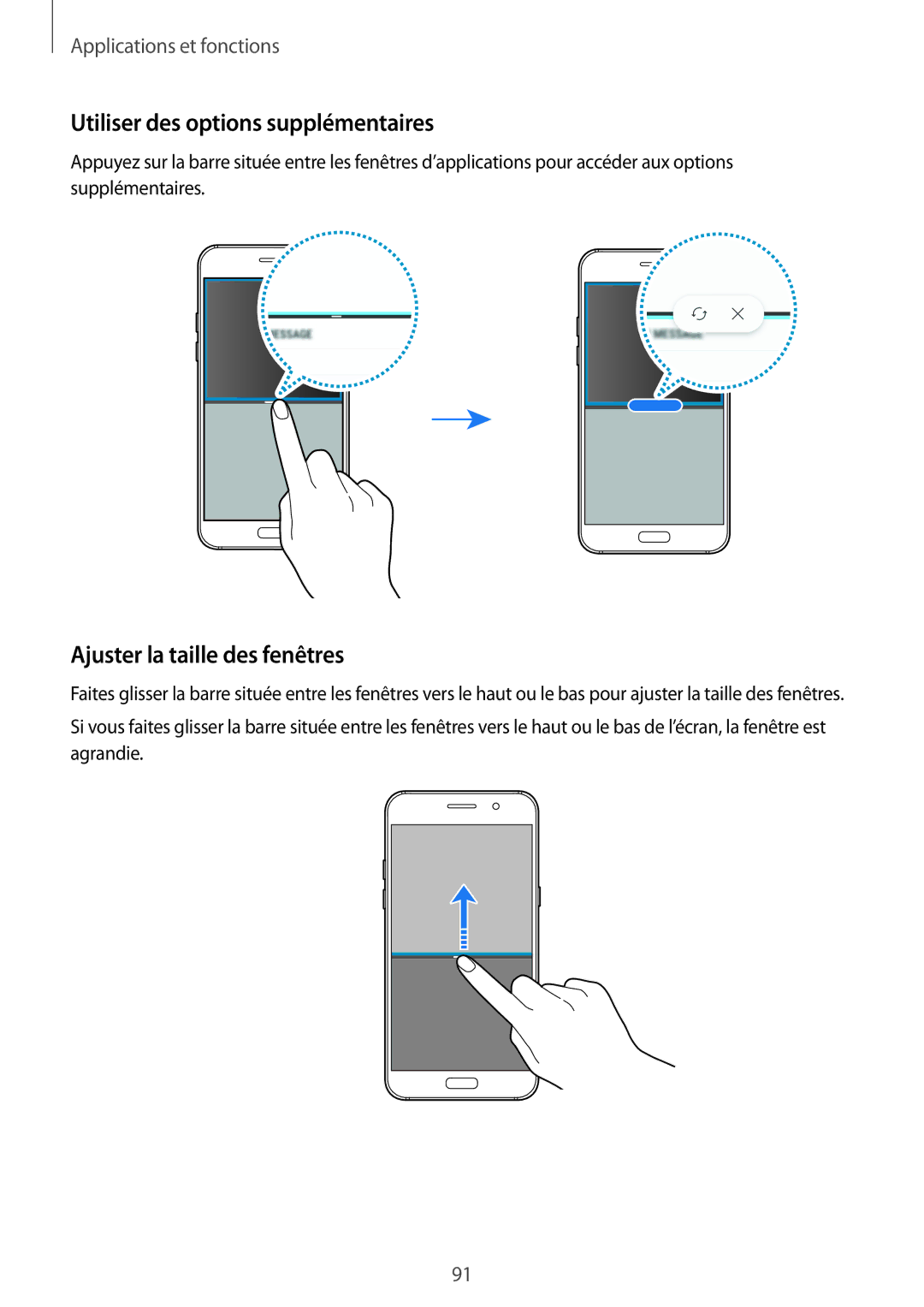 Samsung SM-A320FZBNXEF, SM-A320FZKNXEF, SM-A320FZDNXEF Utiliser des options supplémentaires, Ajuster la taille des fenêtres 