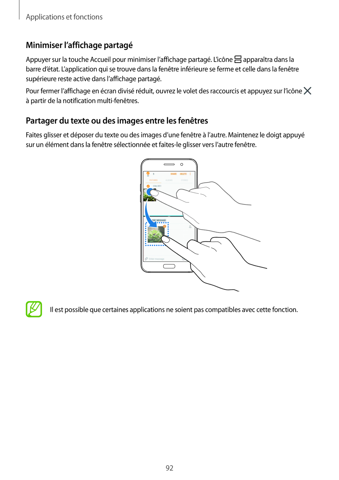 Samsung SM-A320FZKNXEF, SM-A320FZDNXEF Minimiser l’affichage partagé, Partager du texte ou des images entre les fenêtres 