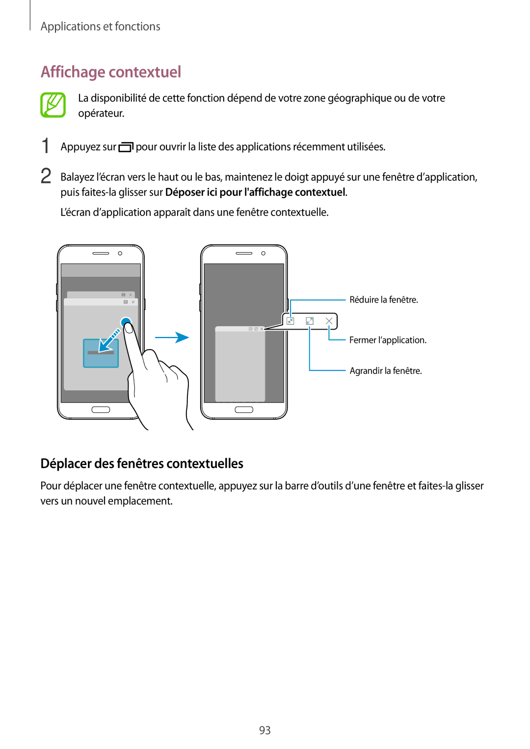 Samsung SM-A320FZDNXEF, SM-A320FZKNXEF, SM-A320FZINXEF manual Affichage contextuel, Déplacer des fenêtres contextuelles 