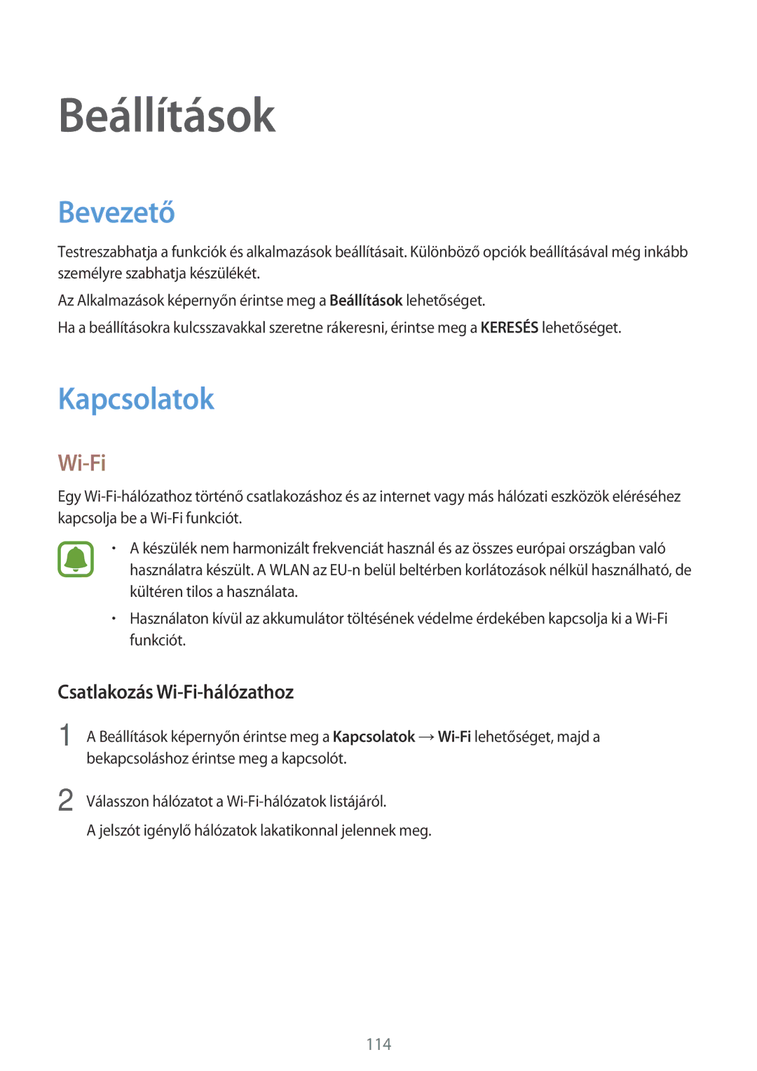 Samsung SM-A320FZKNXEH manual Bevezető, Kapcsolatok, Csatlakozás Wi-Fi-hálózathoz 