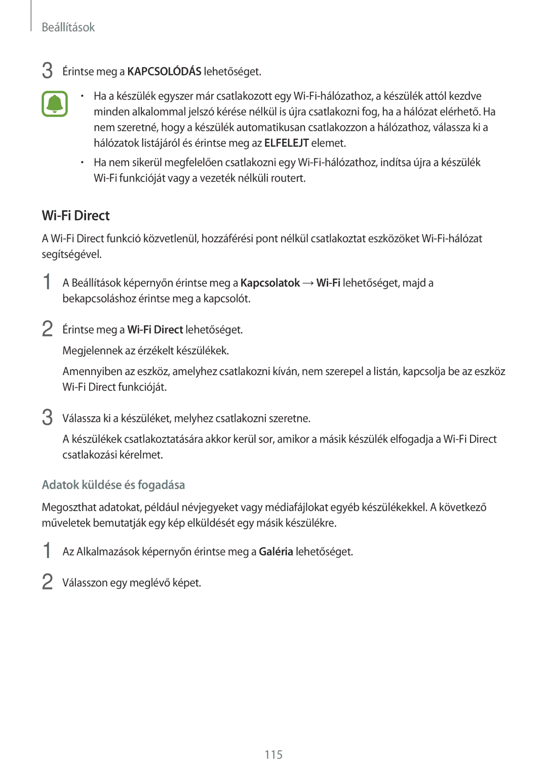 Samsung SM-A320FZKNXEH manual Wi-Fi Direct, Beállítások 