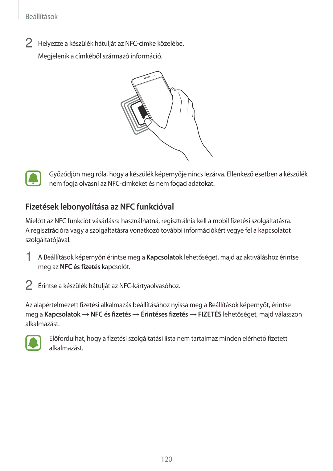 Samsung SM-A320FZKNXEH manual Fizetések lebonyolítása az NFC funkcióval 