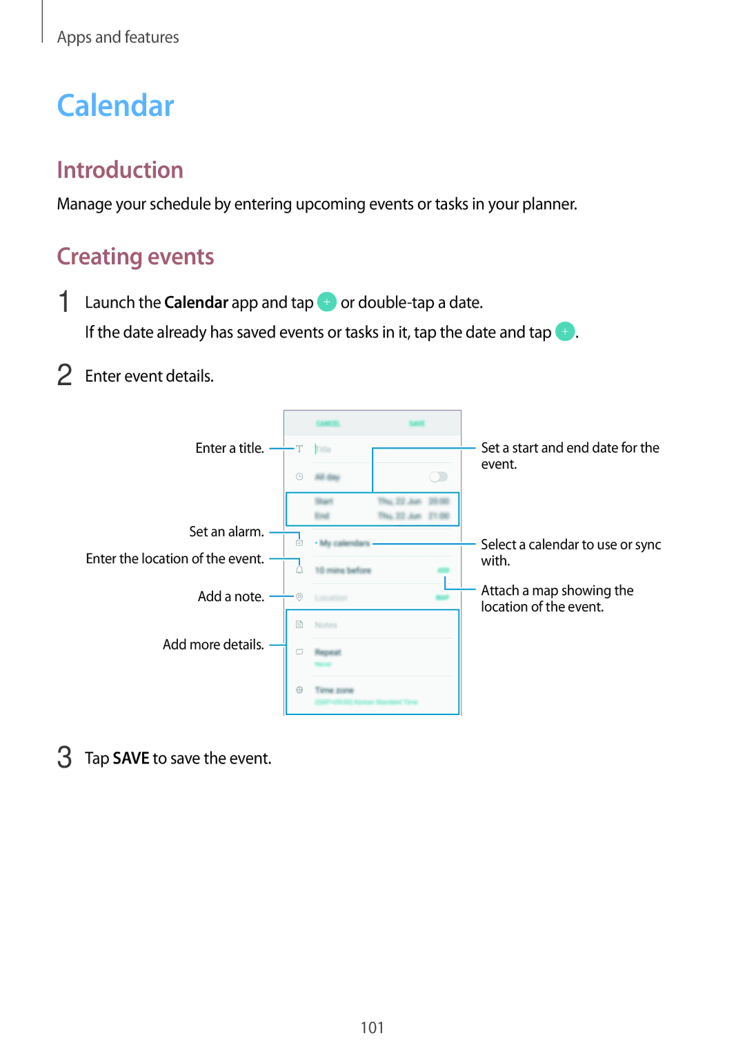 Samsung SM-A320YZKDXXV, SM-A320YZDDXXV manual Calendar, Creating events, Tap Save to save the event 