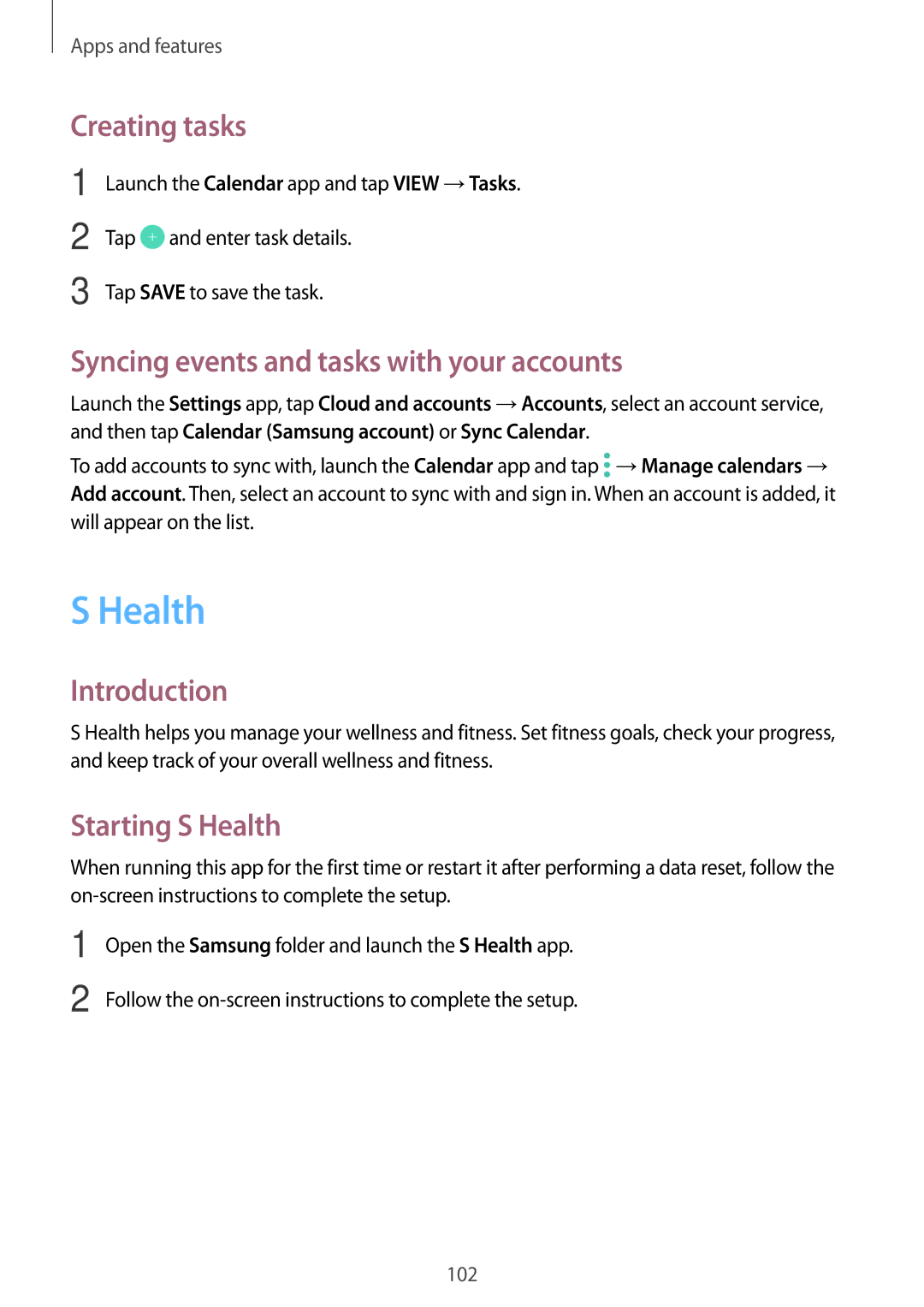 Samsung SM-A320YZDDXXV, SM-A320YZKDXXV Creating tasks, Syncing events and tasks with your accounts, Starting S Health 