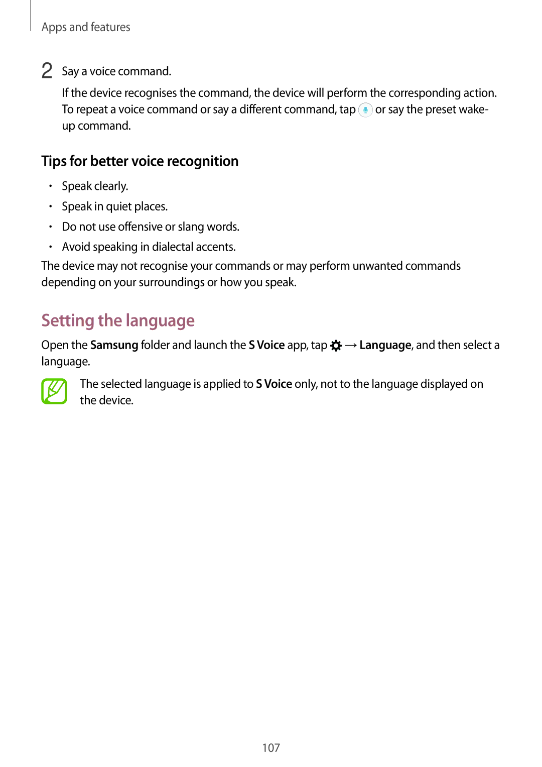 Samsung SM-A320YZKDXXV, SM-A320YZDDXXV manual Setting the language, Tips for better voice recognition 