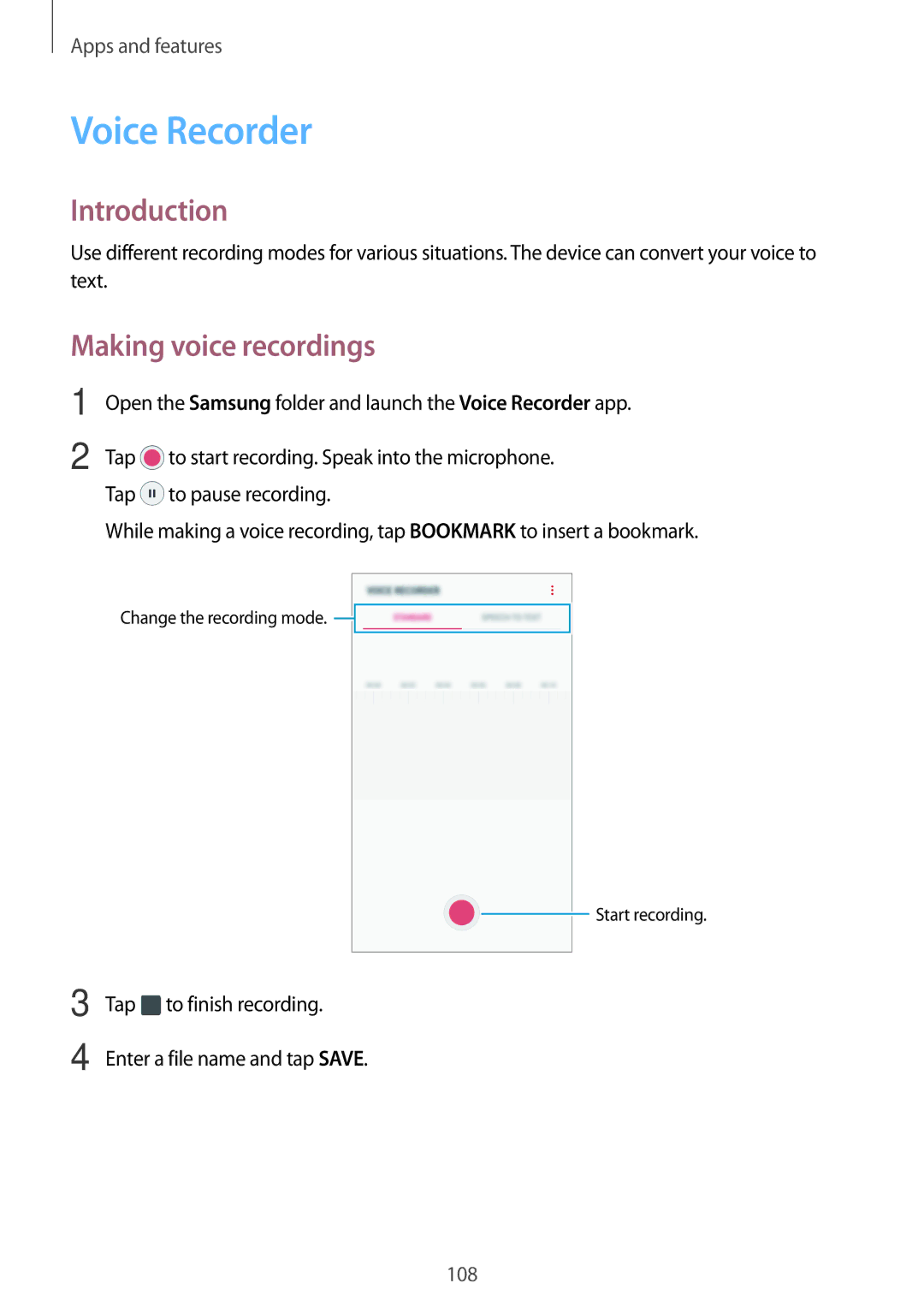 Samsung SM-A320YZDDXXV Voice Recorder, Making voice recordings, Tap to finish recording Enter a file name and tap Save 