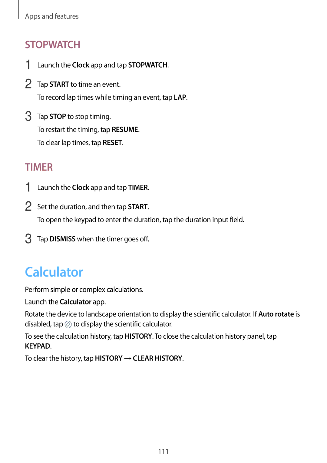 Samsung SM-A320YZKDXXV, SM-A320YZDDXXV manual Calculator, To clear the history, tap History →CLEAR History 