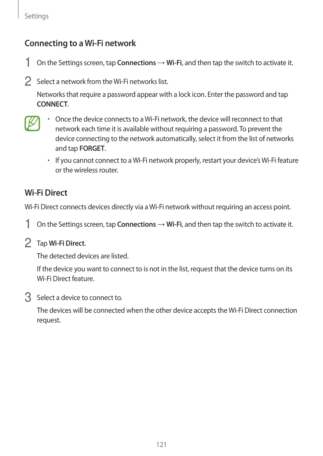 Samsung SM-A320YZKDXXV manual Connecting to a Wi-Fi network, Wi-Fi Direct, Select a network from the Wi-Fi networks list 