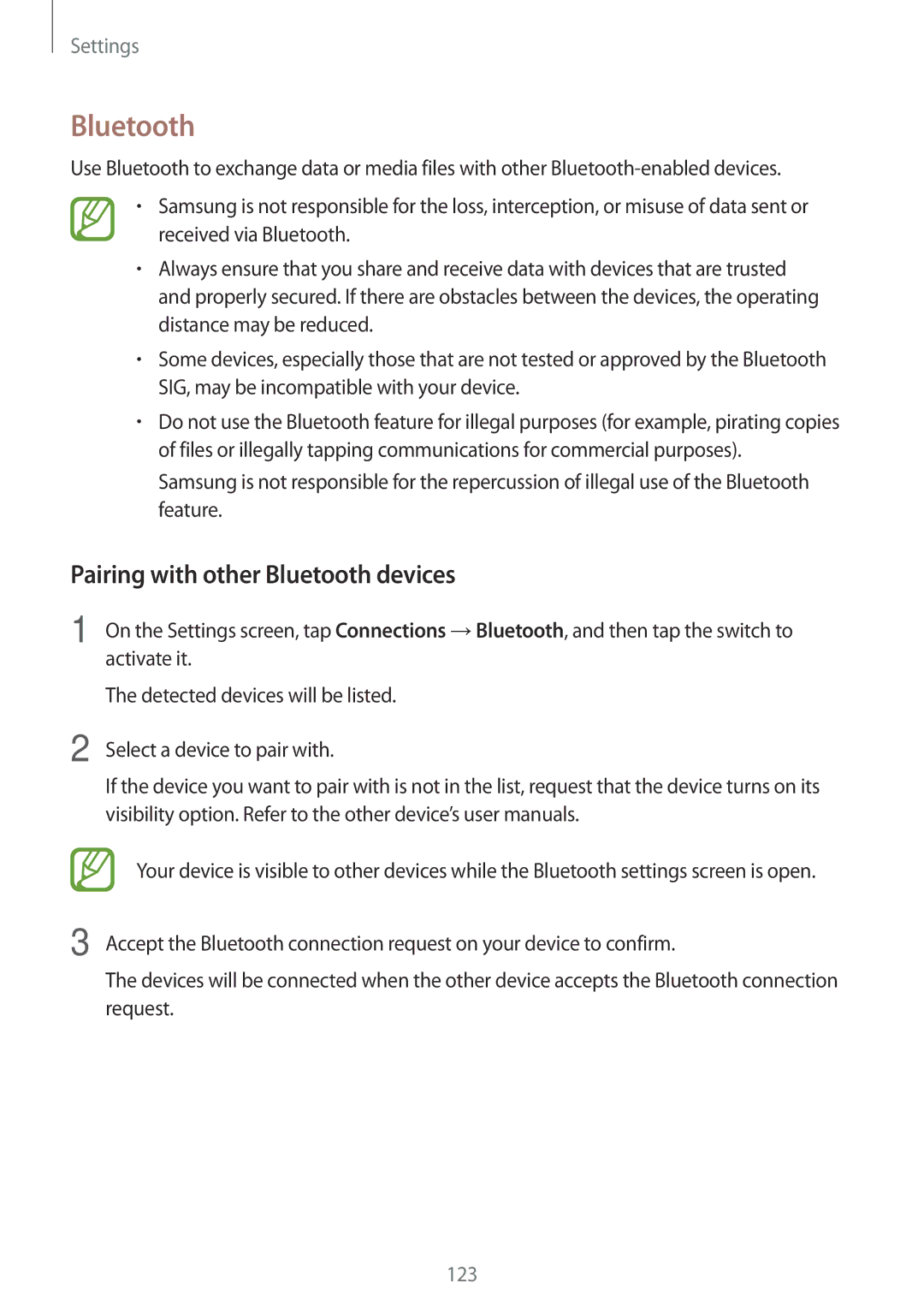 Samsung SM-A320YZKDXXV, SM-A320YZDDXXV manual Pairing with other Bluetooth devices 