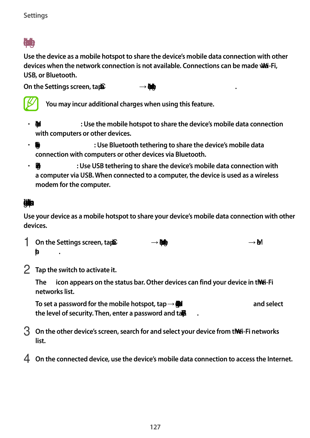 Samsung SM-A320YZKDXXV, SM-A320YZDDXXV manual Mobile hotspot and tethering, Using the mobile hotspot 