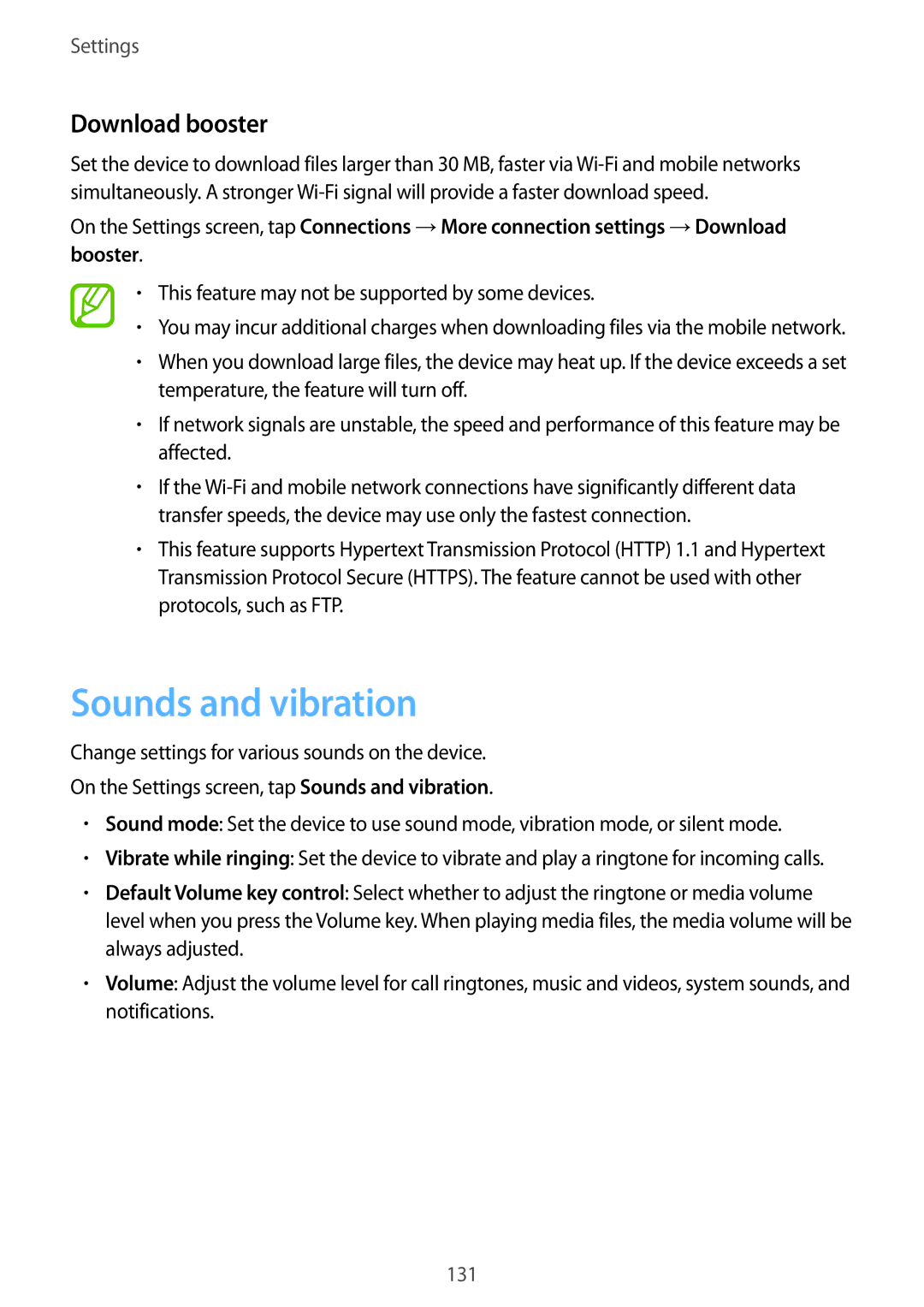 Samsung SM-A320YZKDXXV manual Sounds and vibration, Download booster, This feature may not be supported by some devices 