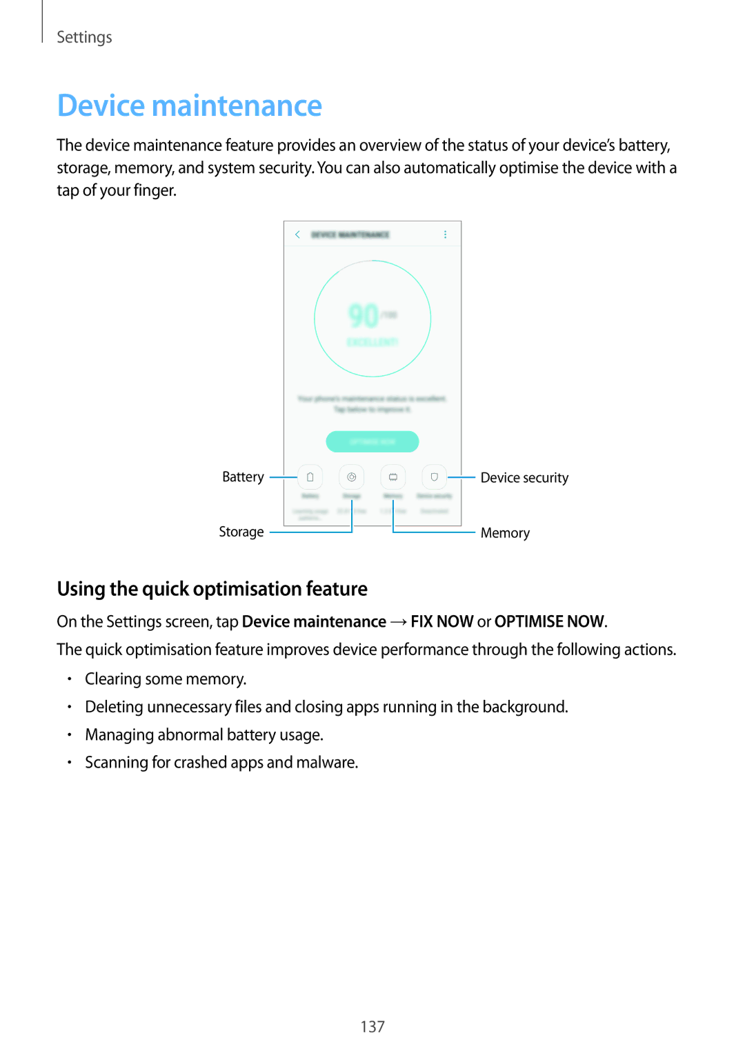 Samsung SM-A320YZKDXXV, SM-A320YZDDXXV manual Device maintenance, Using the quick optimisation feature 