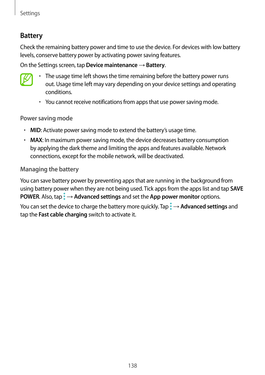 Samsung SM-A320YZDDXXV, SM-A320YZKDXXV manual Battery, Power saving mode, Managing the battery 