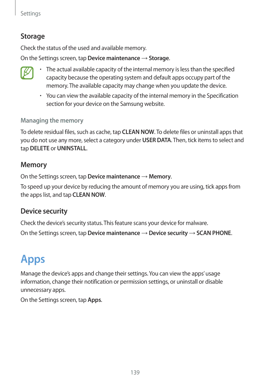 Samsung SM-A320YZKDXXV, SM-A320YZDDXXV manual Apps, Storage, Memory, Device security, Managing the memory 