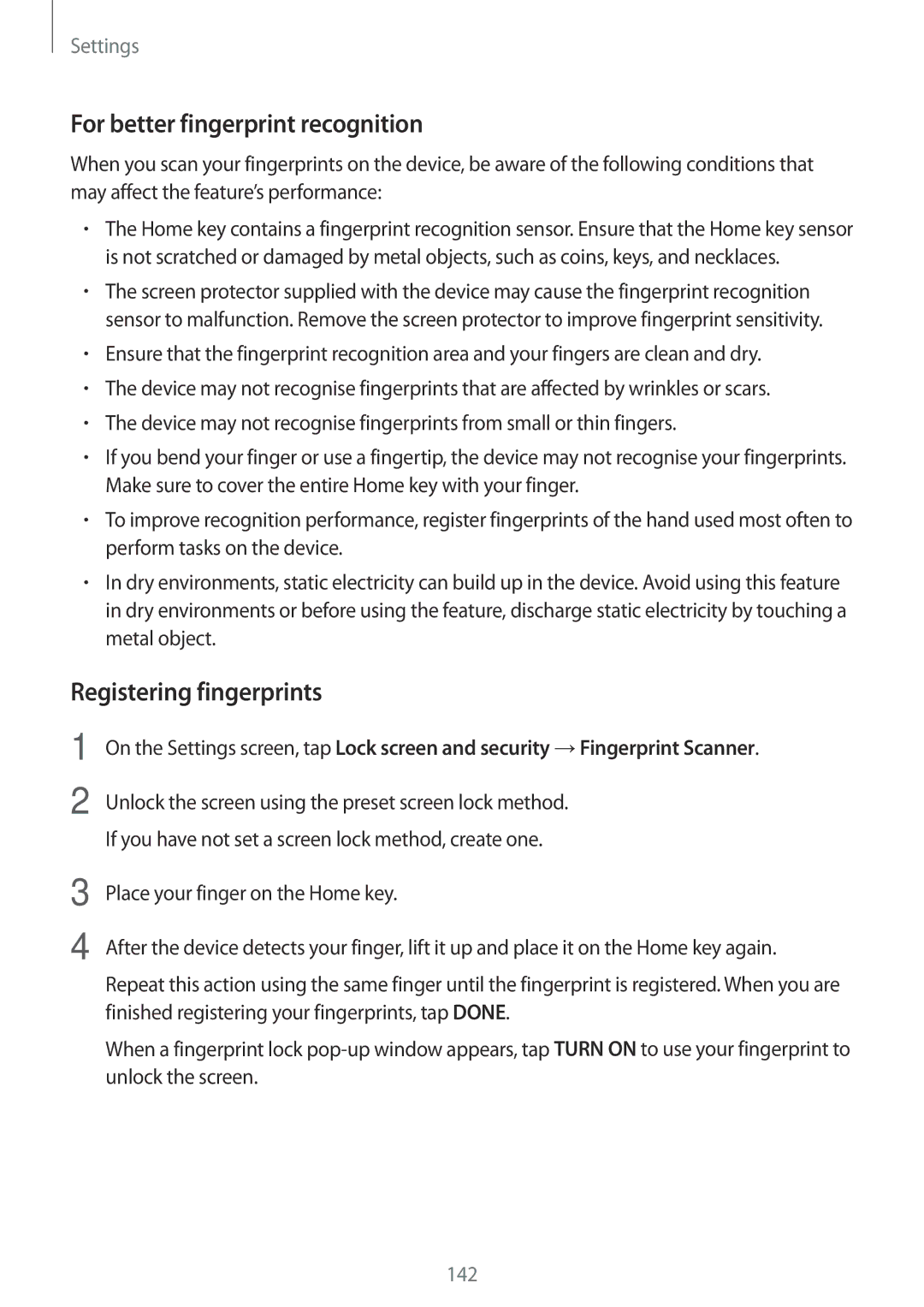 Samsung SM-A320YZDDXXV, SM-A320YZKDXXV manual For better fingerprint recognition, Registering fingerprints 