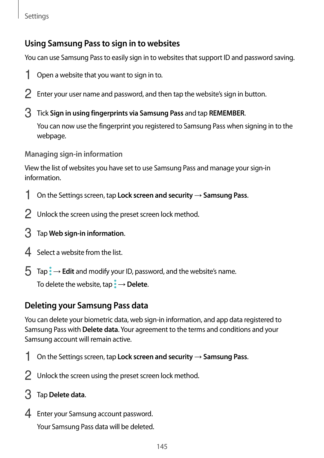 Samsung SM-A320YZKDXXV manual Using Samsung Pass to sign in to websites, Deleting your Samsung Pass data, Tap Delete data 