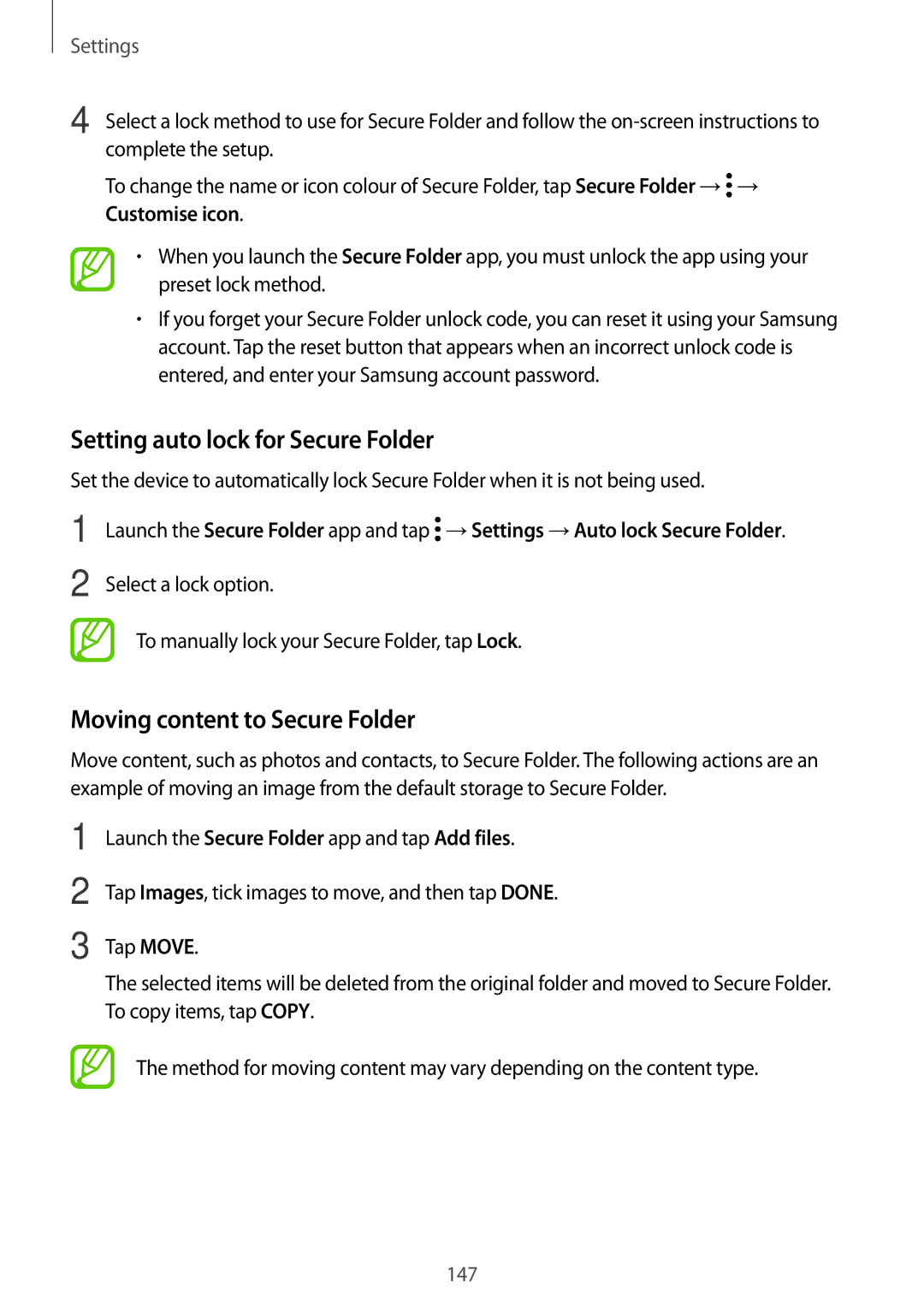 Samsung SM-A320YZKDXXV, SM-A320YZDDXXV manual Setting auto lock for Secure Folder, Moving content to Secure Folder 