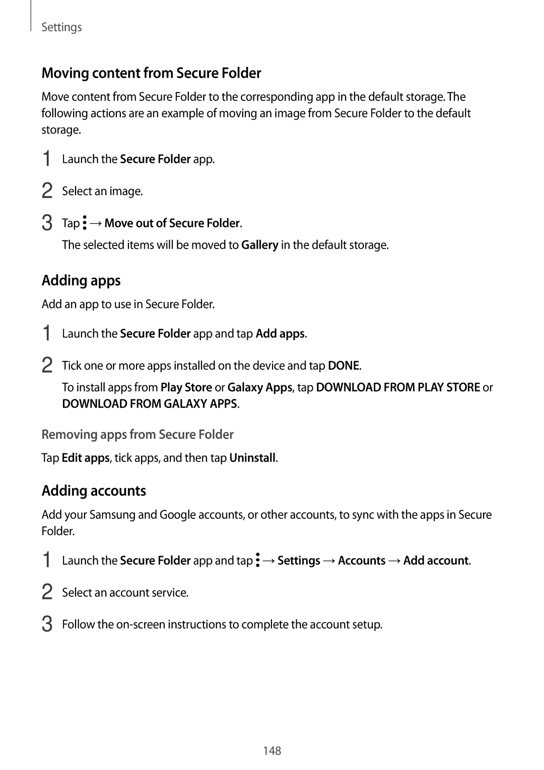 Samsung SM-A320YZDDXXV Moving content from Secure Folder, Adding apps, Adding accounts, Removing apps from Secure Folder 