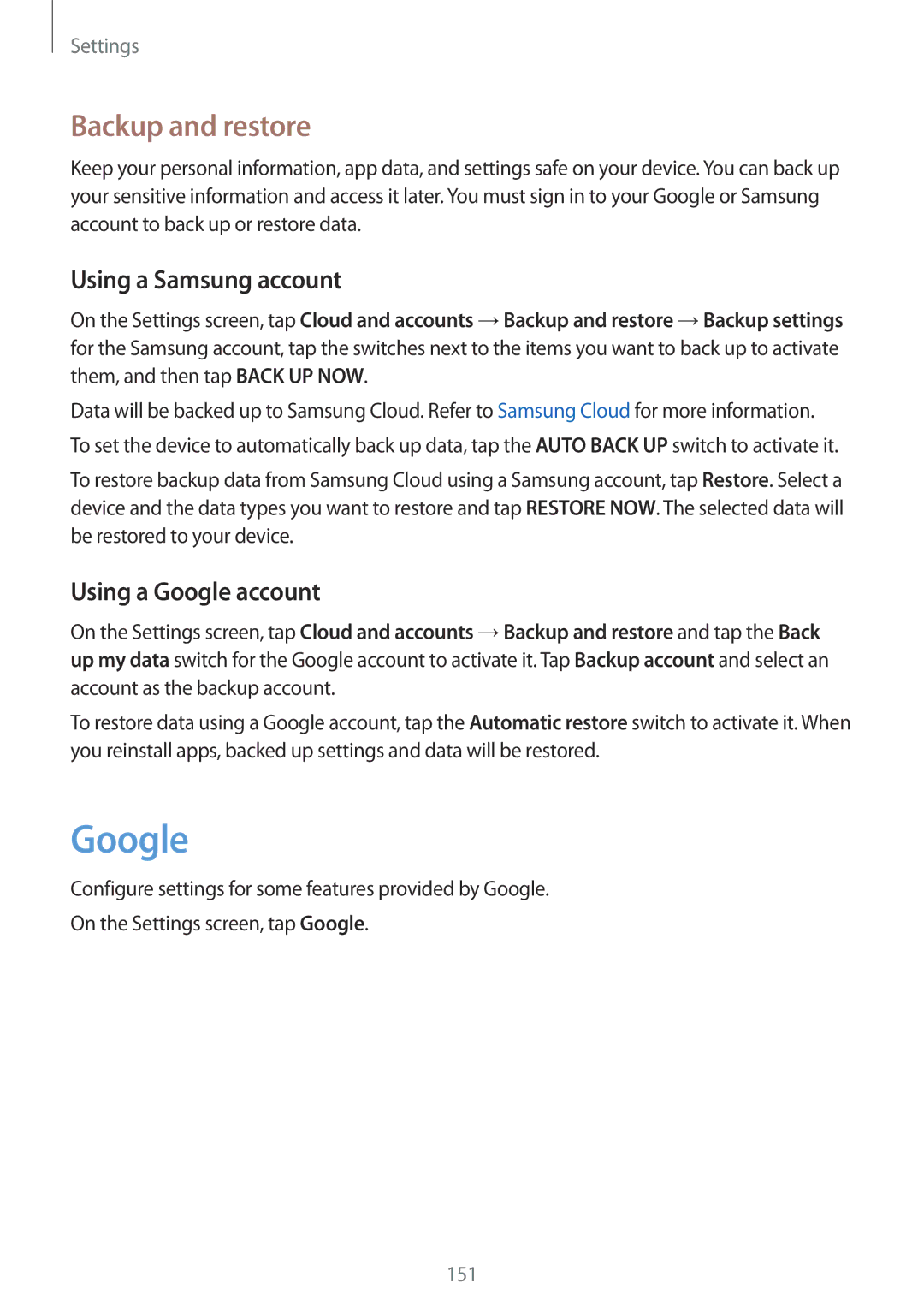 Samsung SM-A320YZKDXXV, SM-A320YZDDXXV manual Backup and restore, Using a Samsung account, Using a Google account 