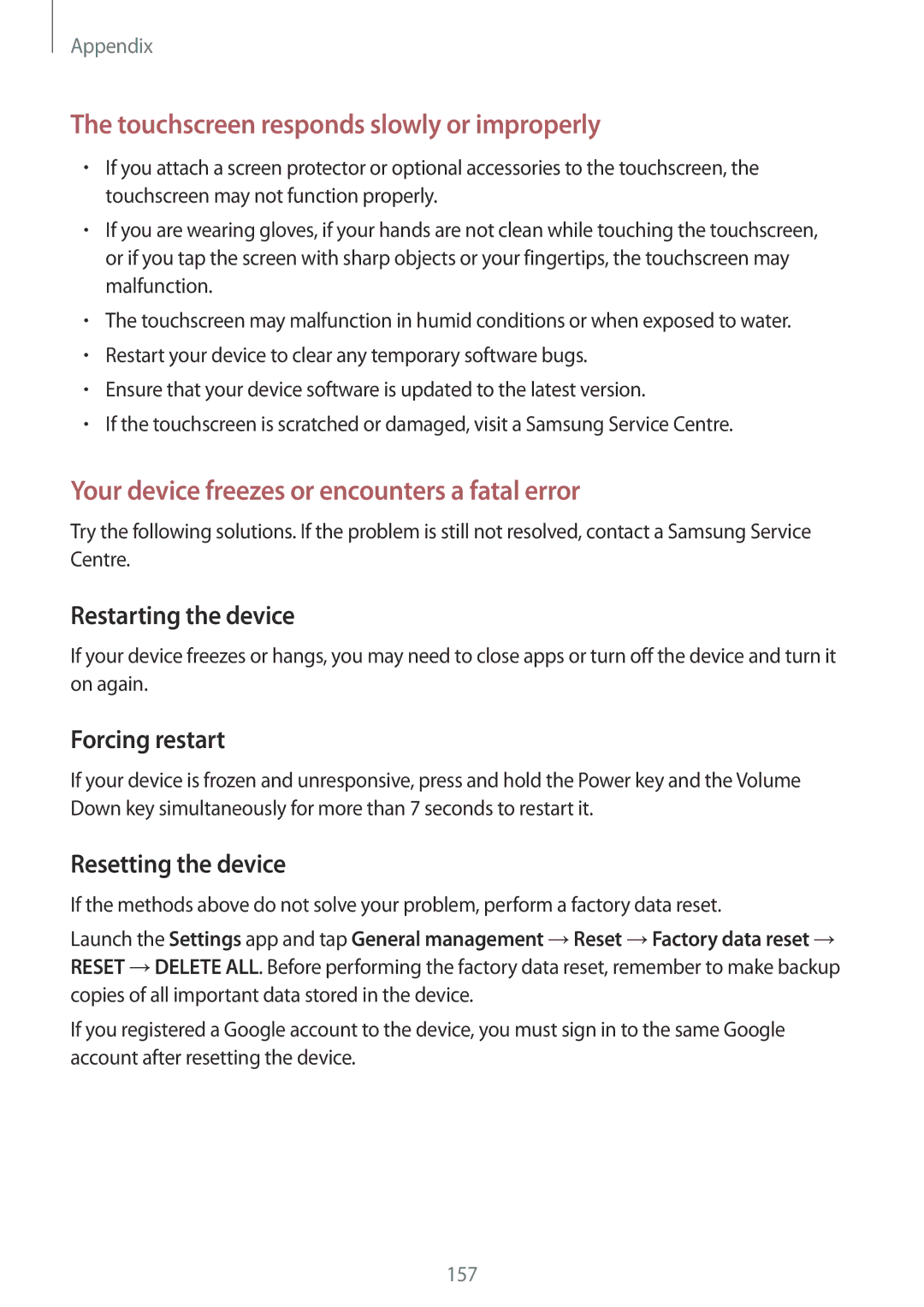 Samsung SM-A320YZKDXXV, SM-A320YZDDXXV manual Forcing restart, Resetting the device 