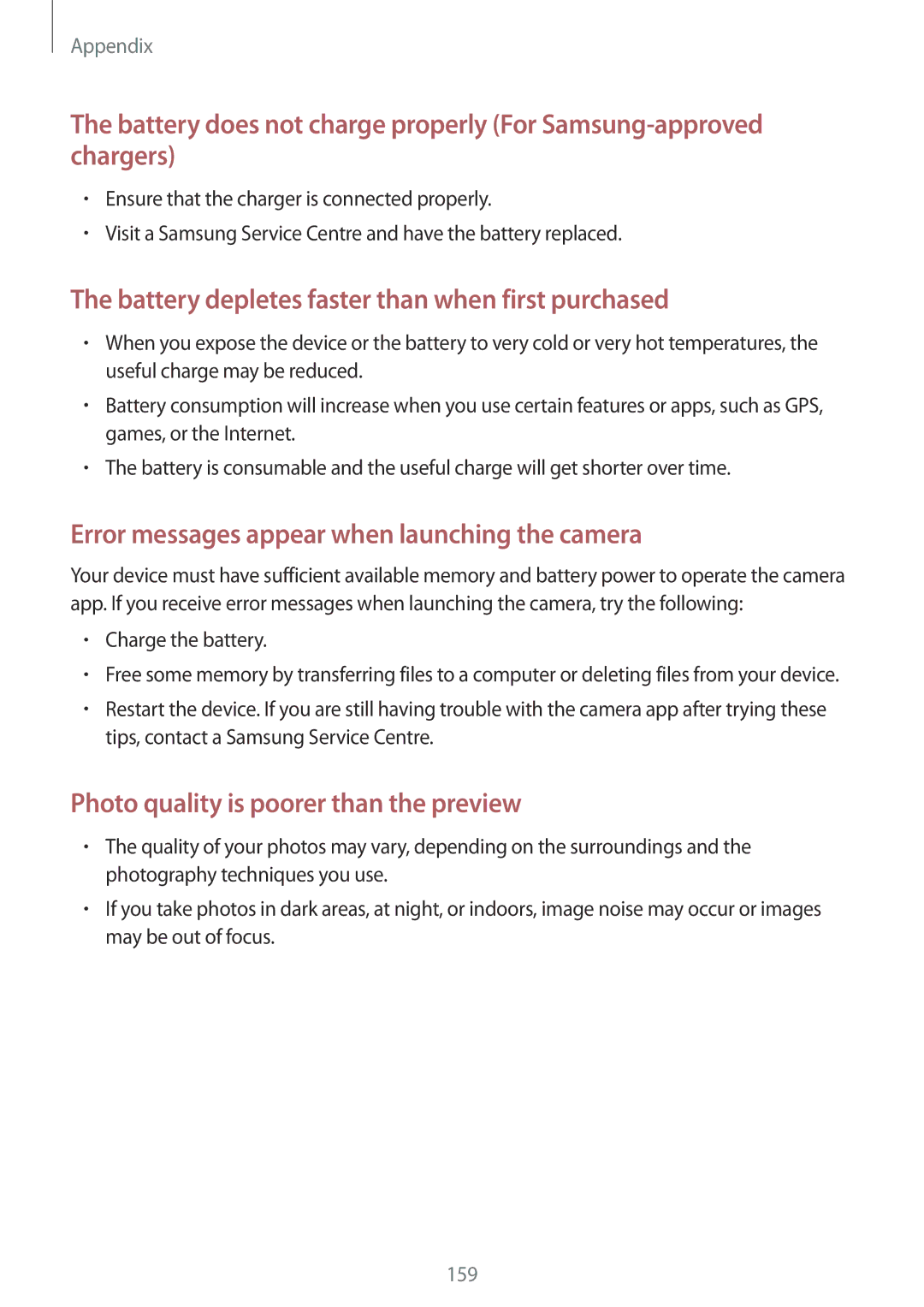 Samsung SM-A320YZKDXXV, SM-A320YZDDXXV manual Battery depletes faster than when first purchased, Charge the battery 