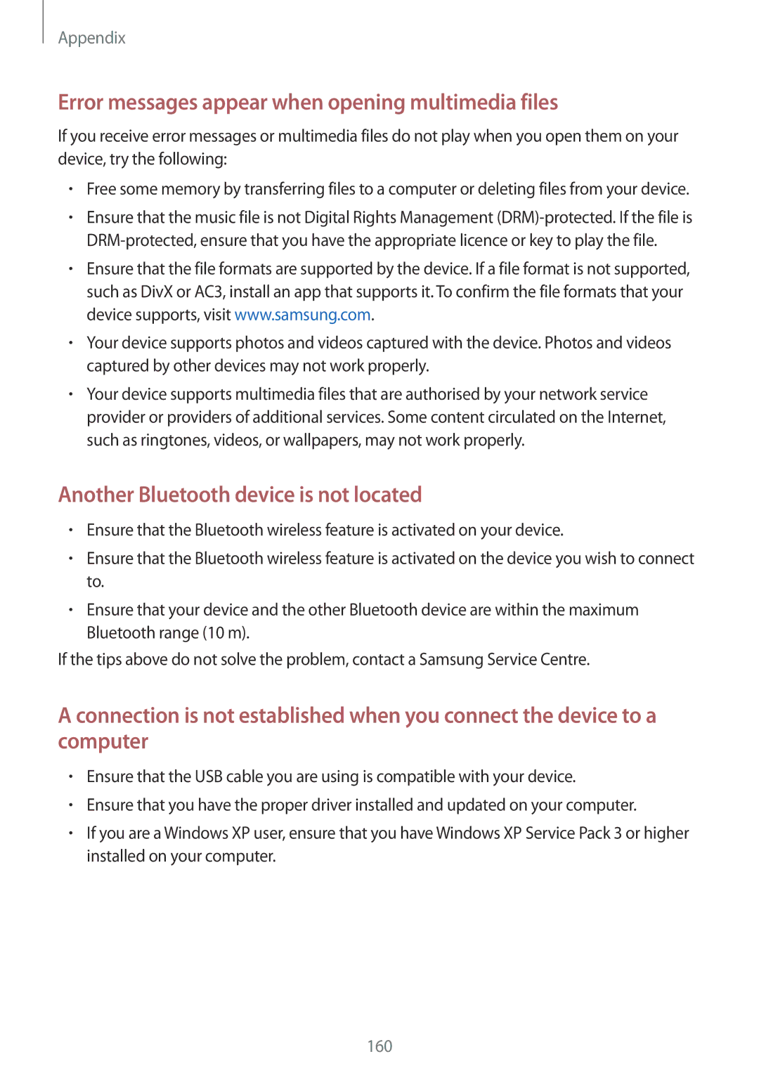 Samsung SM-A320YZDDXXV, SM-A320YZKDXXV manual Error messages appear when opening multimedia files 