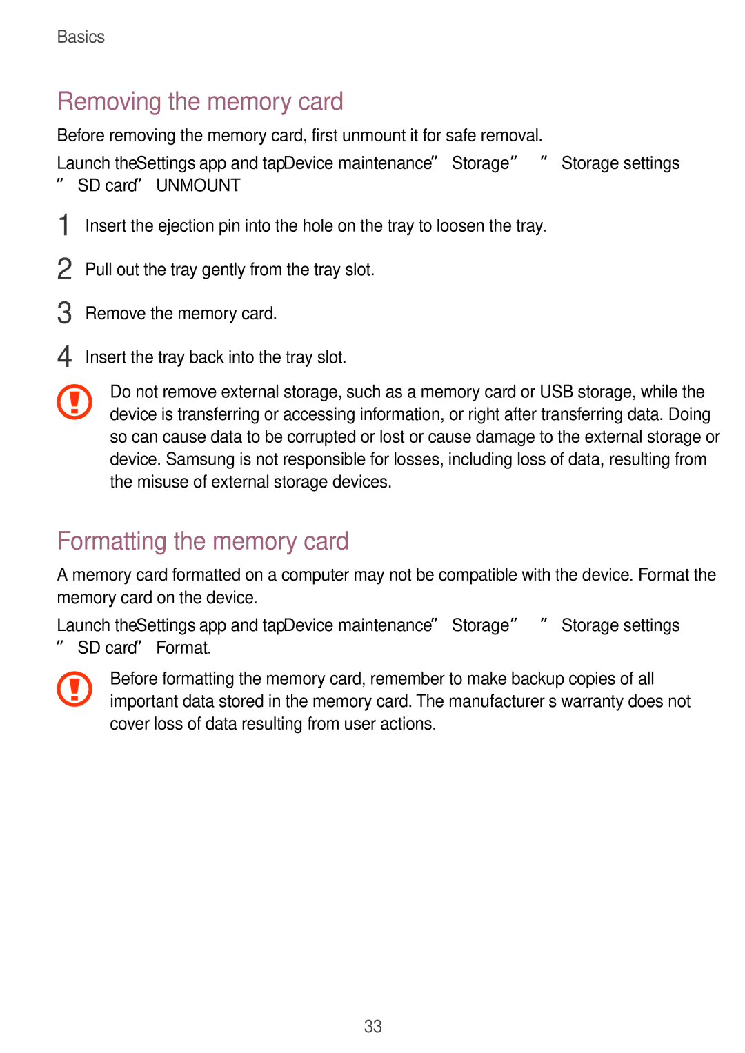 Samsung SM-A320YZKDXXV manual Removing the memory card, Formatting the memory card, → SD card →UNMOUNT, → SD card →Format 