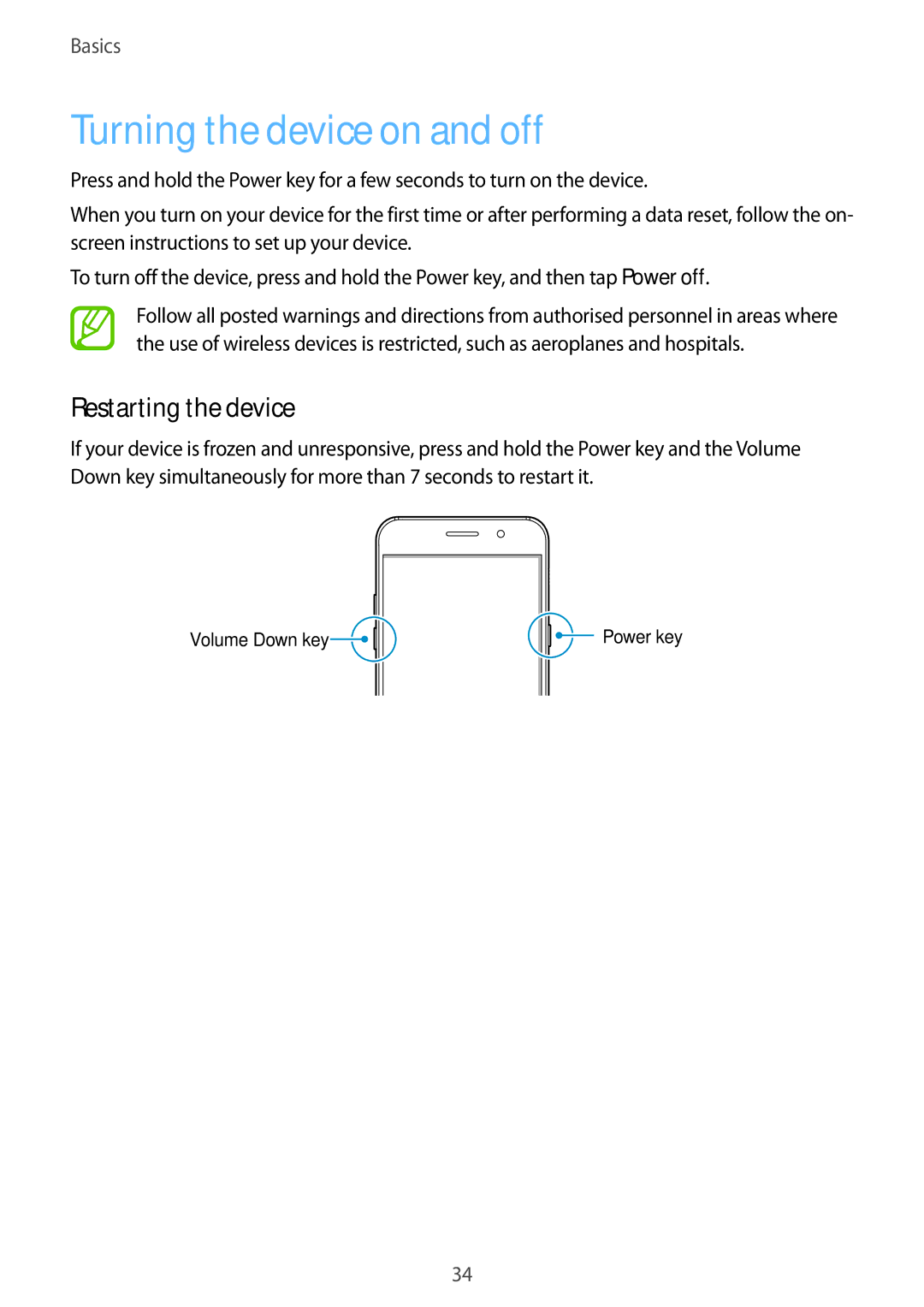 Samsung SM-A320YZDDXXV, SM-A320YZKDXXV manual Turning the device on and off, Restarting the device 