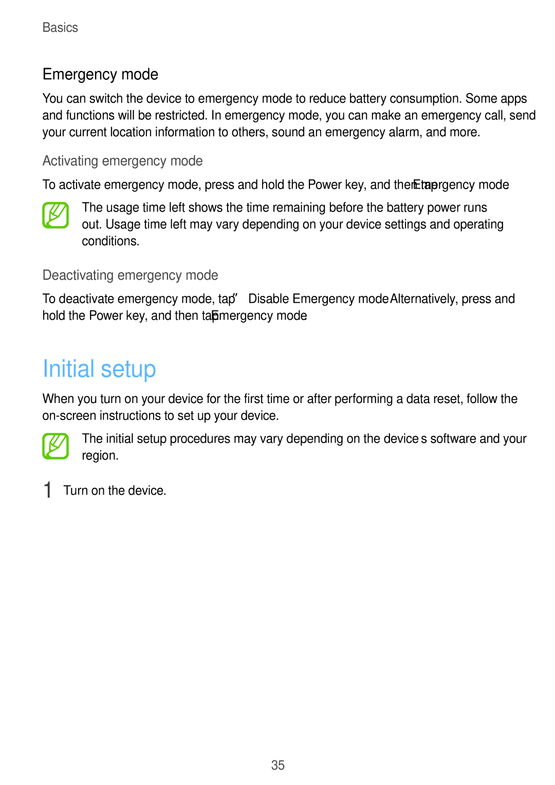 Samsung SM-A320YZKDXXV manual Initial setup, Emergency mode, Activating emergency mode, Deactivating emergency mode 