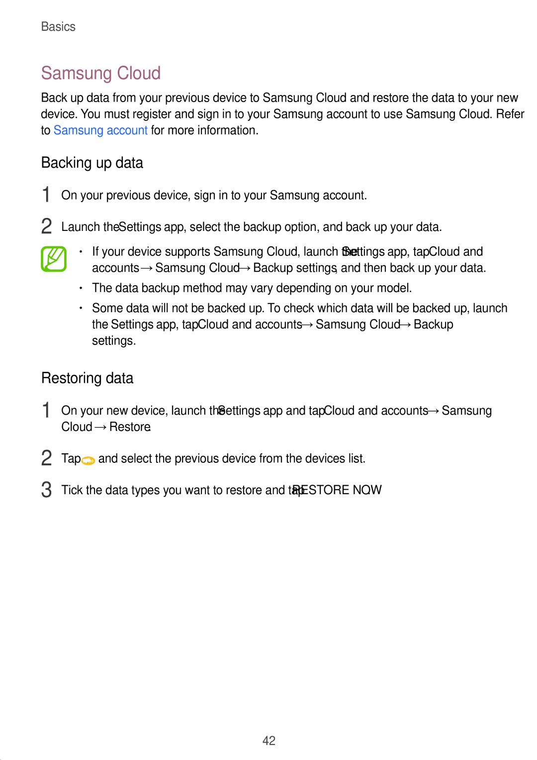 Samsung SM-A320YZDDXXV, SM-A320YZKDXXV manual Samsung Cloud, Backing up data, Restoring data 