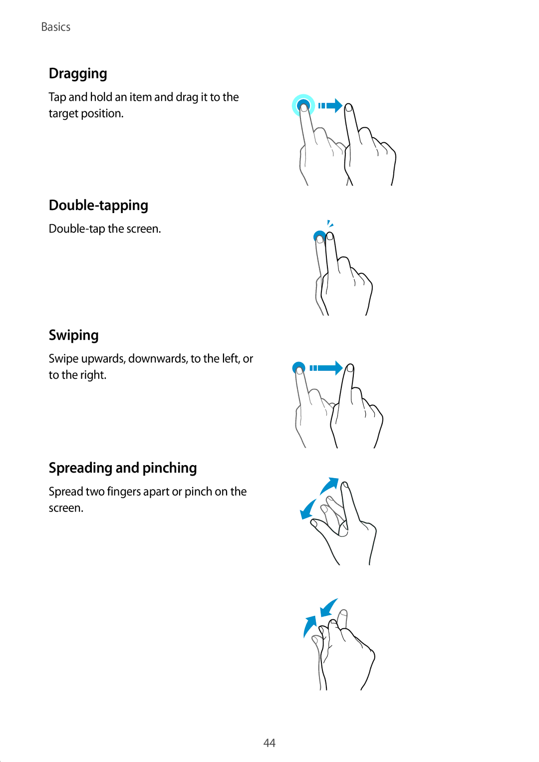 Samsung SM-A320YZDDXXV, SM-A320YZKDXXV manual Dragging, Double-tapping, Swiping, Spreading and pinching 