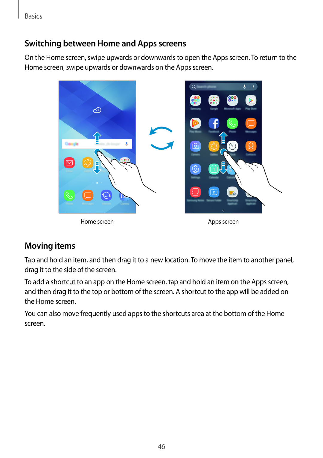 Samsung SM-A320YZDDXXV, SM-A320YZKDXXV manual Switching between Home and Apps screens, Moving items 